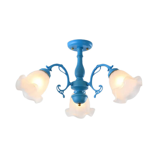 Adjustable Semi Flush American Flower Chandelier - 3/5 Bulbs, Ruffled Design, Grey/Blue/Green Matte Glass