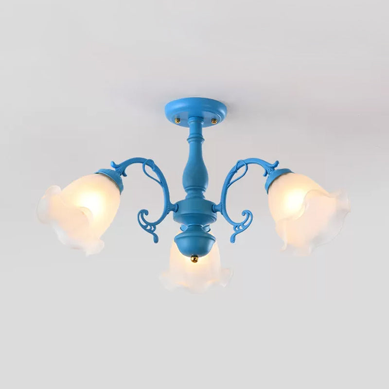 Adjustable Semi Flush American Flower Chandelier - 3/5 Bulbs, Ruffled Design, Grey/Blue/Green Matte Glass