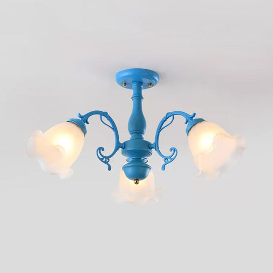 Adjustable Semi Flush American Flower Chandelier - 3/5 Bulbs, Ruffled Design, Grey/Blue/Green Matte Glass