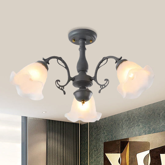 Adjustable Semi Flush American Flower Chandelier - 3/5 Bulbs, Ruffled Design, Grey/Blue/Green Matte Glass