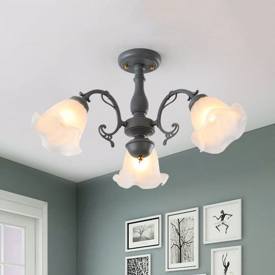 Adjustable Semi Flush American Flower Chandelier - 3/5 Bulbs, Ruffled Design, Grey/Blue/Green Matte Glass