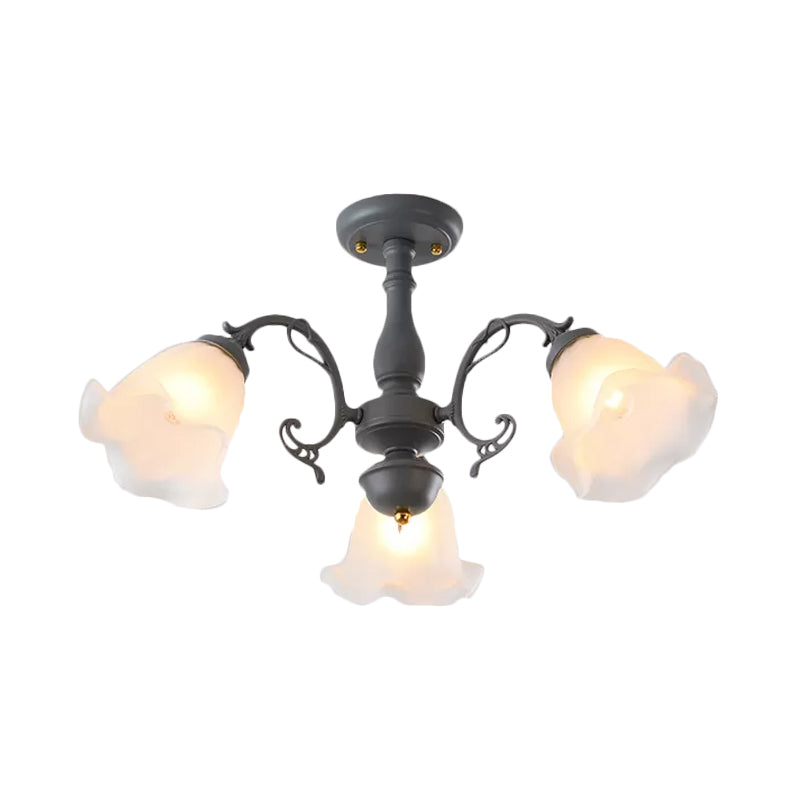 Adjustable Semi Flush American Flower Chandelier - 3/5 Bulbs, Ruffled Design, Grey/Blue/Green Matte Glass