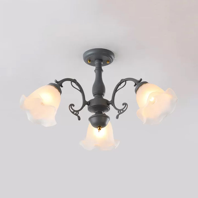 Adjustable Semi Flush American Flower Chandelier - 3/5 Bulbs, Ruffled Design, Grey/Blue/Green Matte Glass