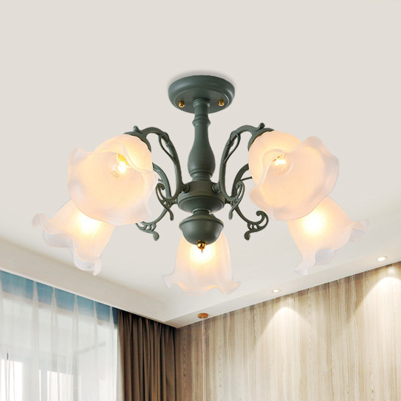 Adjustable Semi Flush American Flower Chandelier - 3/5 Bulbs, Ruffled Design, Grey/Blue/Green Matte Glass