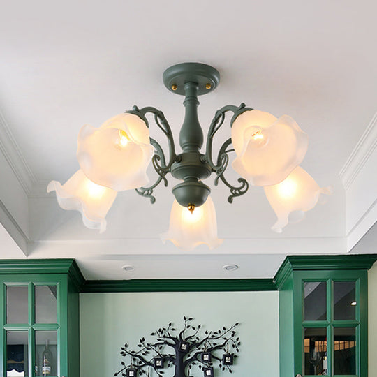 Adjustable Semi Flush American Flower Chandelier - 3/5 Bulbs, Ruffled Design, Grey/Blue/Green Matte Glass