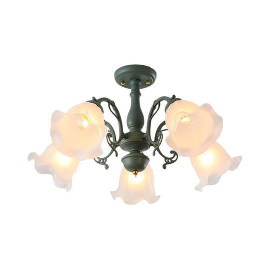 Adjustable Semi Flush American Flower Chandelier - 3/5 Bulbs, Ruffled Design, Grey/Blue/Green Matte Glass