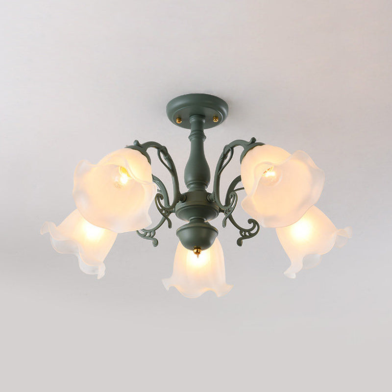 Adjustable Semi Flush American Flower Chandelier - 3/5 Bulbs, Ruffled Design, Grey/Blue/Green Matte Glass