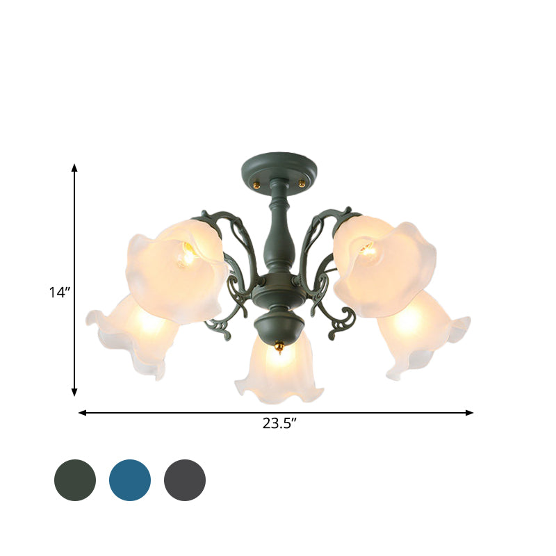 Adjustable Semi Flush American Flower Chandelier - 3/5 Bulbs, Ruffled Design, Grey/Blue/Green Matte Glass