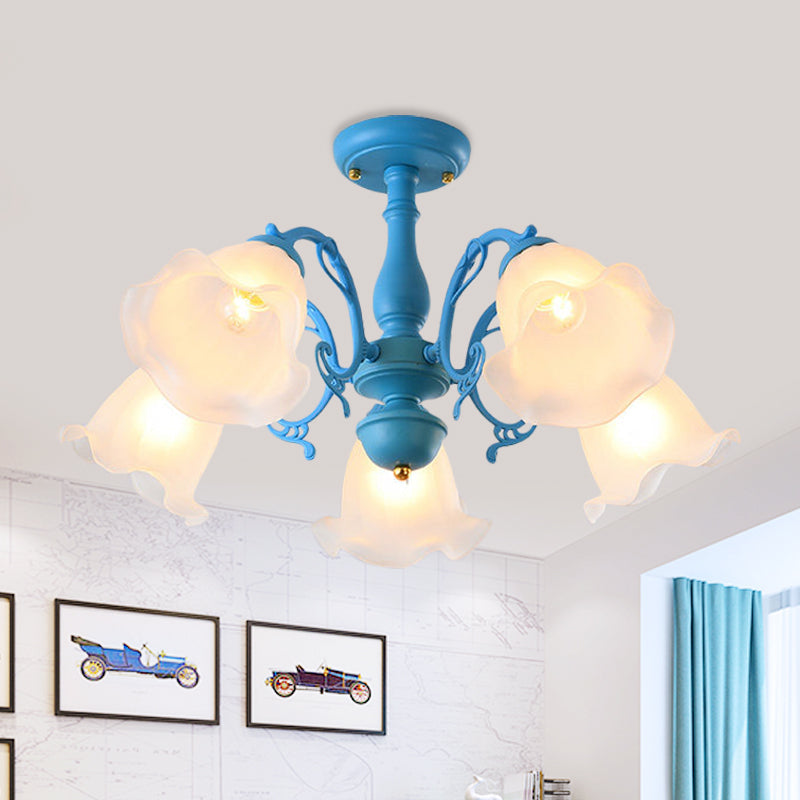 Adjustable Semi Flush American Flower Chandelier - 3/5 Bulbs, Ruffled Design, Grey/Blue/Green Matte Glass