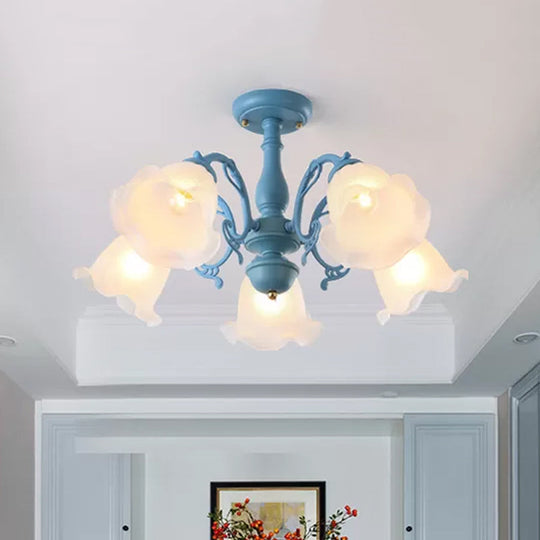 Adjustable Semi Flush American Flower Chandelier - 3/5 Bulbs, Ruffled Design, Grey/Blue/Green Matte Glass