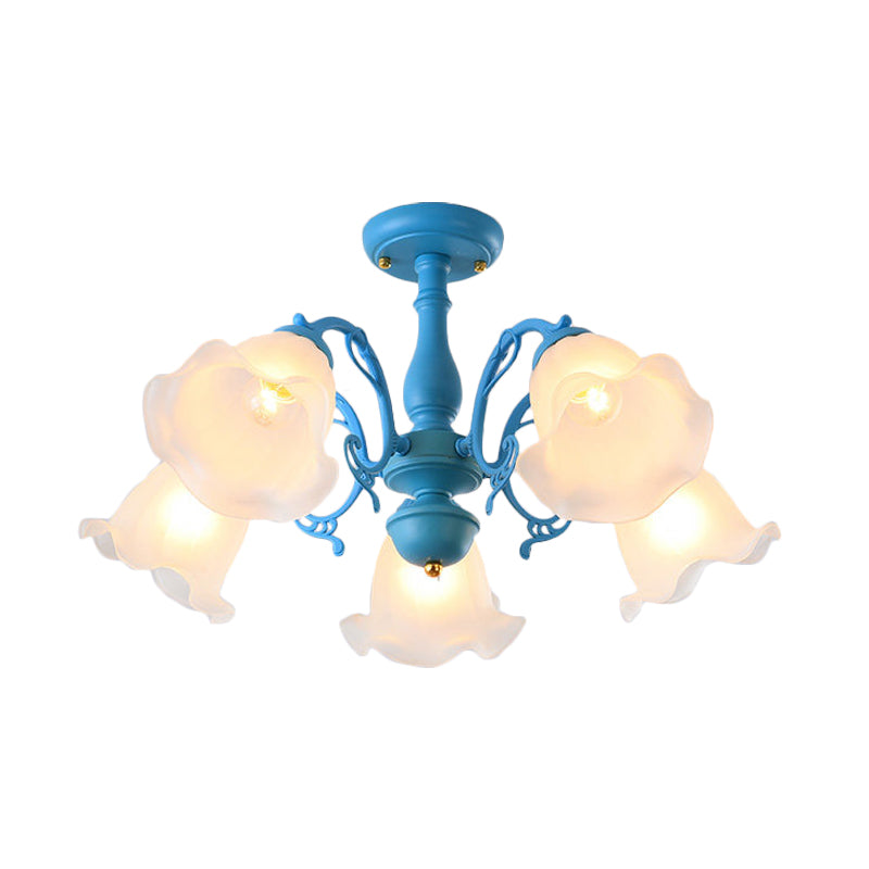 Adjustable Semi Flush American Flower Chandelier - 3/5 Bulbs, Ruffled Design, Grey/Blue/Green Matte Glass