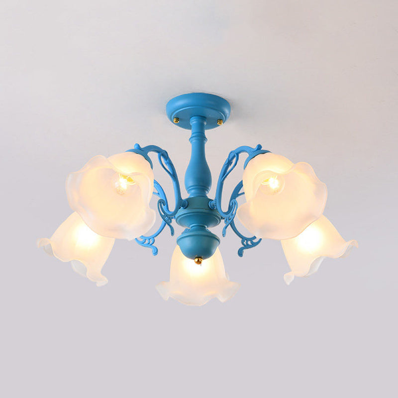 Adjustable Semi Flush American Flower Chandelier - 3/5 Bulbs, Ruffled Design, Grey/Blue/Green Matte Glass