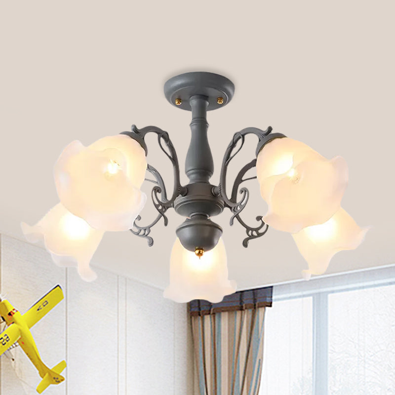 Adjustable Semi Flush American Flower Chandelier - 3/5 Bulbs, Ruffled Design, Grey/Blue/Green Matte Glass