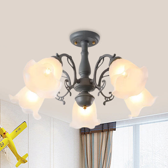 Adjustable Semi Flush American Flower Chandelier - 3/5 Bulbs Ruffled Design Grey/Blue/Green Matte