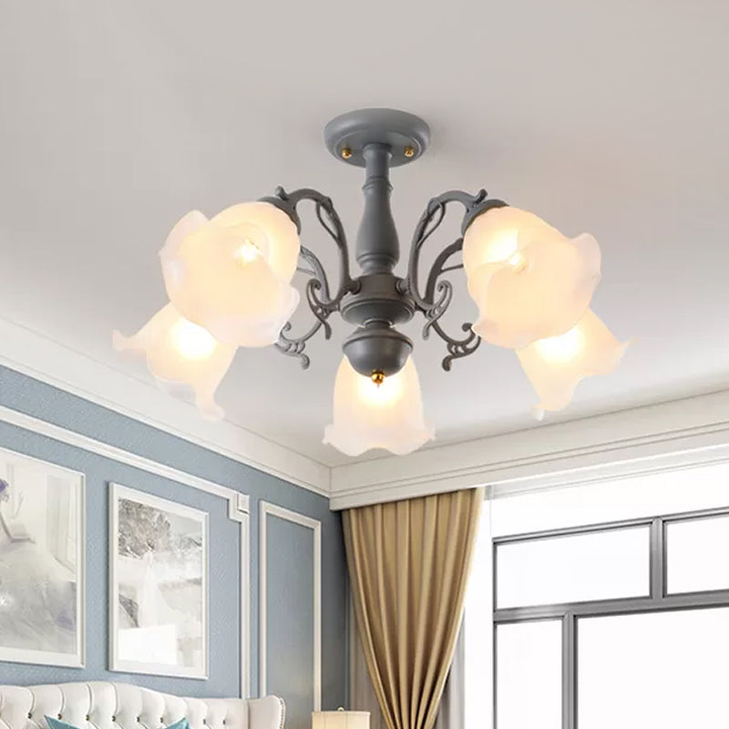 Adjustable Semi Flush American Flower Chandelier - 3/5 Bulbs, Ruffled Design, Grey/Blue/Green Matte Glass