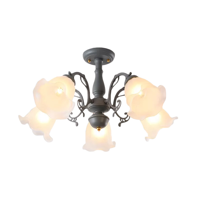 Adjustable Semi Flush American Flower Chandelier - 3/5 Bulbs, Ruffled Design, Grey/Blue/Green Matte Glass