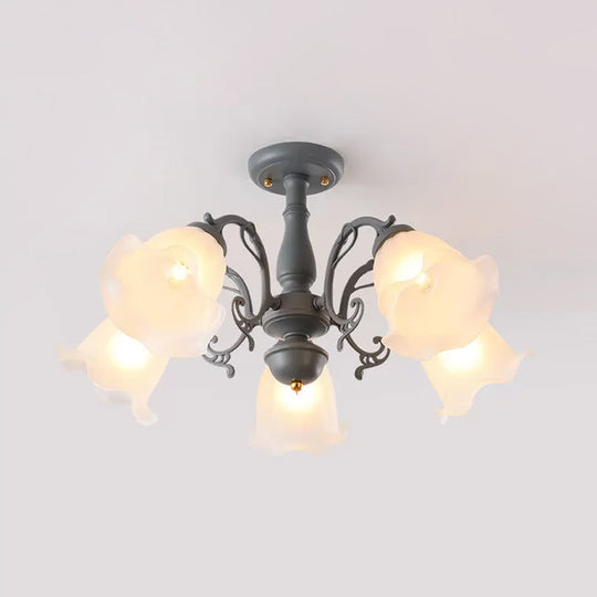 Adjustable Semi Flush American Flower Chandelier - 3/5 Bulbs, Ruffled Design, Grey/Blue/Green Matte Glass