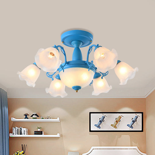 Semi Flush Chandelier - Korean Garden Parlor Ceiling Light with Rotating Bell Frosted Glass Shade in Grey/Blue (8/11 Heads)