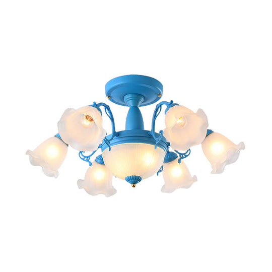 Semi Flush Chandelier - Korean Garden Parlor Ceiling Light with Rotating Bell Frosted Glass Shade in Grey/Blue (8/11 Heads)