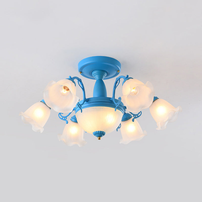 Rotating Bell Frosted Glass Chandelier - 8/11-Head Semi Flush Korean Garden Parlor Ceiling Light