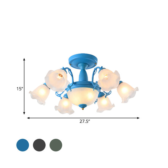 Semi Flush Chandelier - Korean Garden Parlor Ceiling Light with Rotating Bell Frosted Glass Shade in Grey/Blue (8/11 Heads)