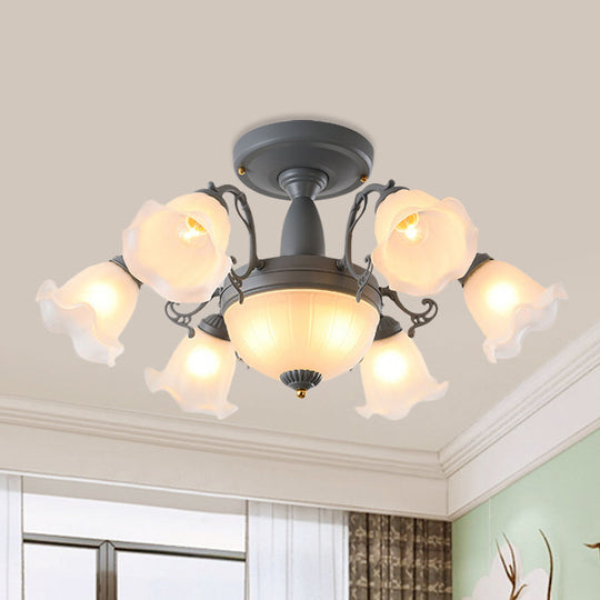 Rotating Bell Frosted Glass Chandelier - 8/11-Head Semi Flush Korean Garden Parlor Ceiling Light