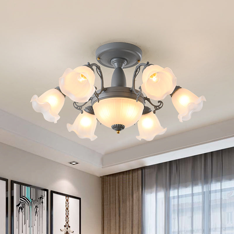 Rotating Bell Frosted Glass Chandelier - 8/11-Head Semi Flush Korean Garden Parlor Ceiling Light