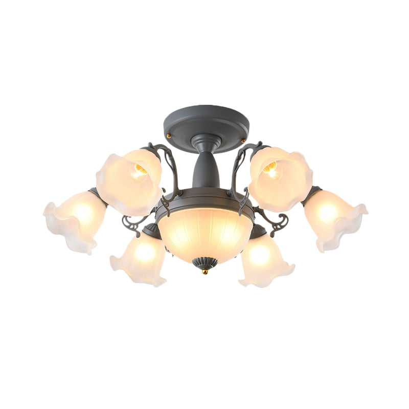 Semi Flush Chandelier - Korean Garden Parlor Ceiling Light with Rotating Bell Frosted Glass Shade in Grey/Blue (8/11 Heads)