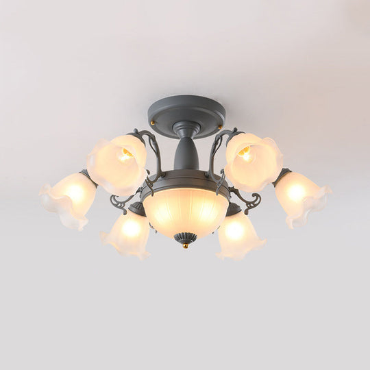 Semi Flush Chandelier - Korean Garden Parlor Ceiling Light with Rotating Bell Frosted Glass Shade in Grey/Blue (8/11 Heads)