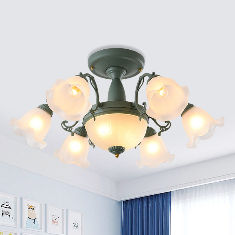 Rotating Bell Frosted Glass Chandelier - 8/11-Head Semi Flush Korean Garden Parlor Ceiling Light