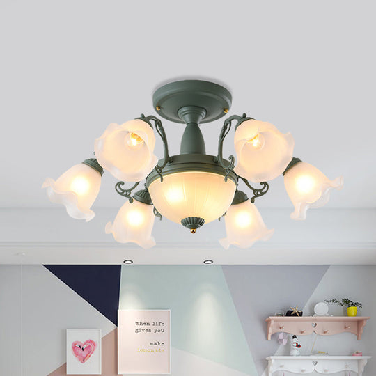 Semi Flush Chandelier - Korean Garden Parlor Ceiling Light with Rotating Bell Frosted Glass Shade in Grey/Blue (8/11 Heads)