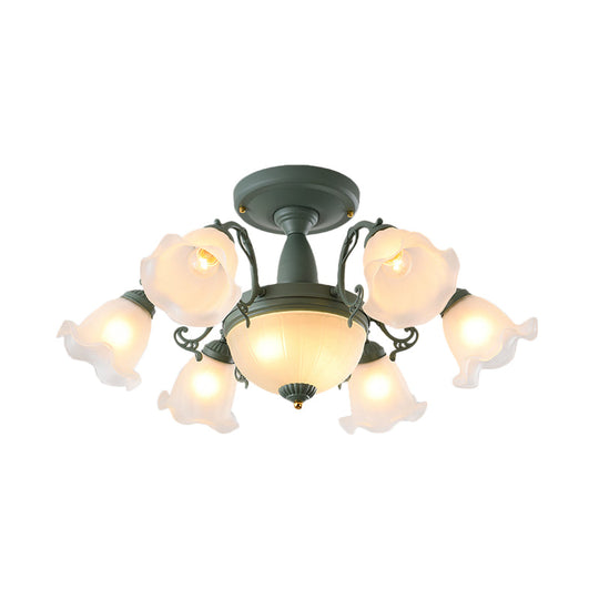 Semi Flush Chandelier - Korean Garden Parlor Ceiling Light with Rotating Bell Frosted Glass Shade in Grey/Blue (8/11 Heads)