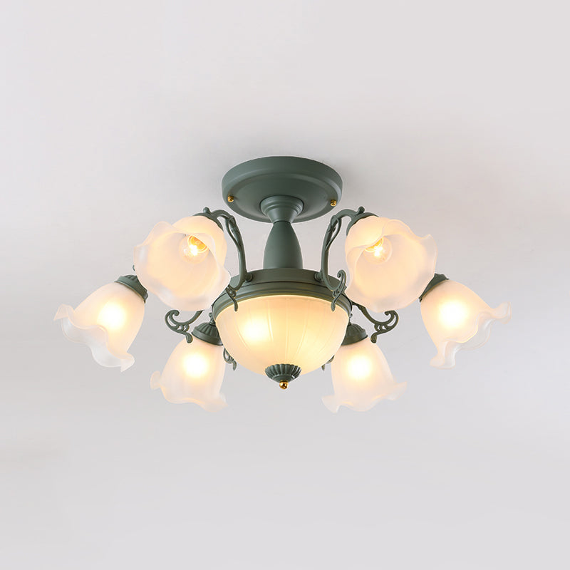 Semi Flush Chandelier - Korean Garden Parlor Ceiling Light with Rotating Bell Frosted Glass Shade in Grey/Blue (8/11 Heads)