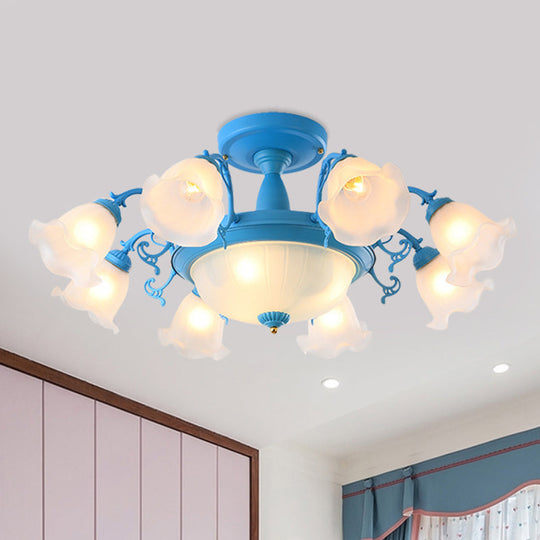 Rotating Bell Frosted Glass Chandelier - 8/11-Head Semi Flush Korean Garden Parlor Ceiling Light