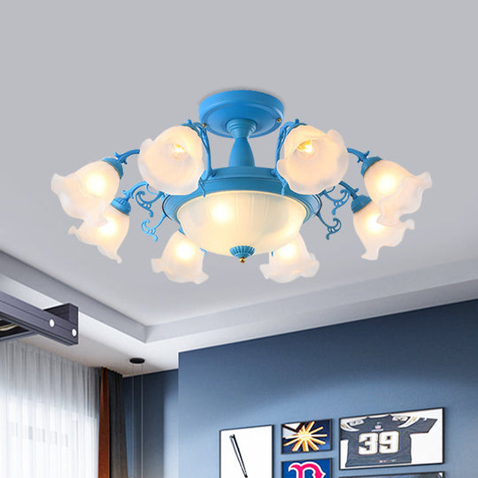 Rotating Bell Frosted Glass Chandelier - 8/11-Head Semi Flush Korean Garden Parlor Ceiling Light