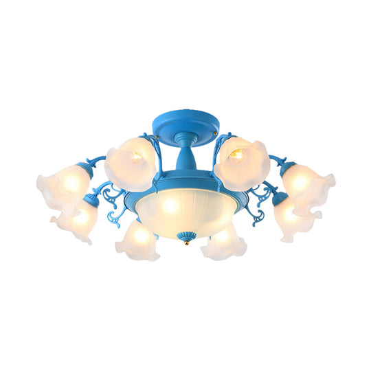 Semi Flush Chandelier - Korean Garden Parlor Ceiling Light with Rotating Bell Frosted Glass Shade in Grey/Blue (8/11 Heads)