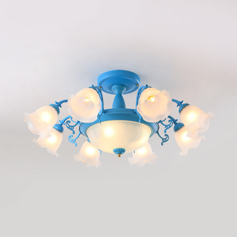 Semi Flush Chandelier - Korean Garden Parlor Ceiling Light with Rotating Bell Frosted Glass Shade in Grey/Blue (8/11 Heads)