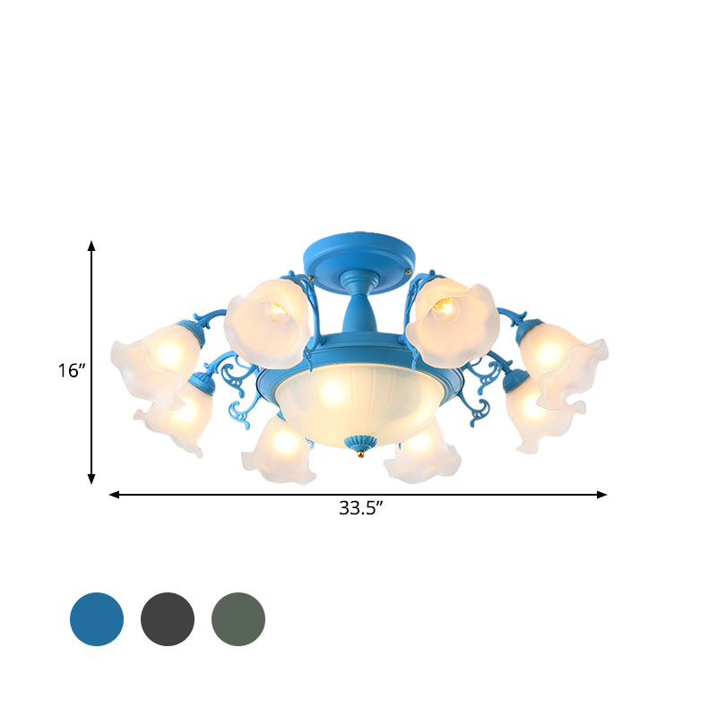 Semi Flush Chandelier - Korean Garden Parlor Ceiling Light with Rotating Bell Frosted Glass Shade in Grey/Blue (8/11 Heads)