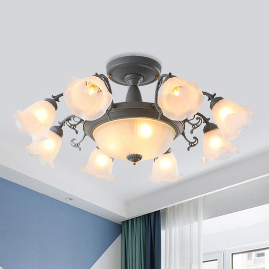 Rotating Bell Frosted Glass Chandelier - 8/11-Head Semi Flush Korean Garden Parlor Ceiling Light