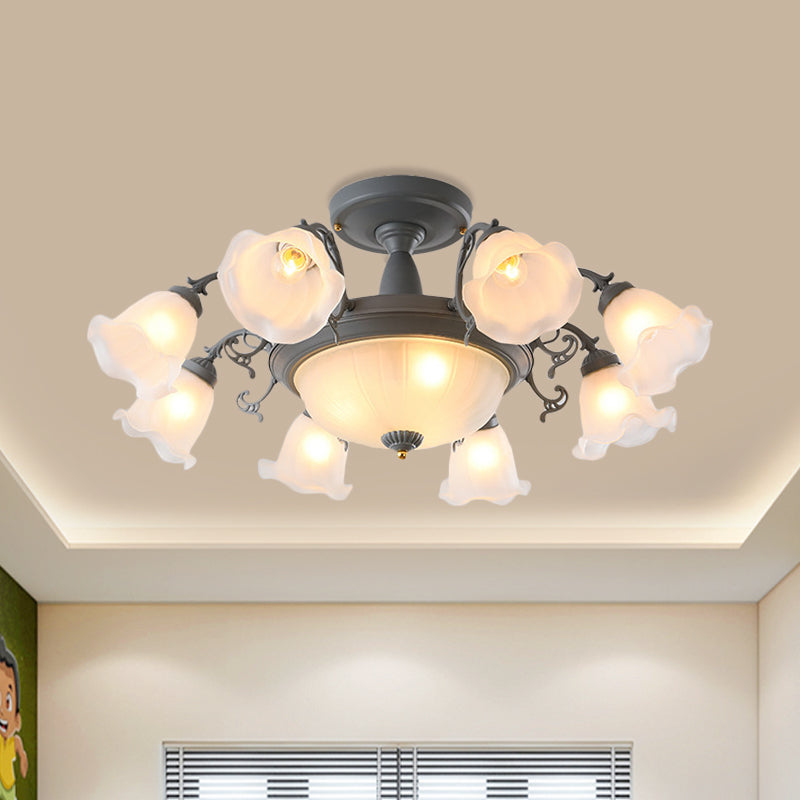 Semi Flush Chandelier - Korean Garden Parlor Ceiling Light with Rotating Bell Frosted Glass Shade in Grey/Blue (8/11 Heads)