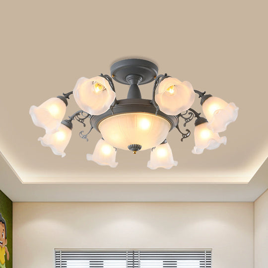 Semi Flush Chandelier - Korean Garden Parlor Ceiling Light with Rotating Bell Frosted Glass Shade in Grey/Blue (8/11 Heads)