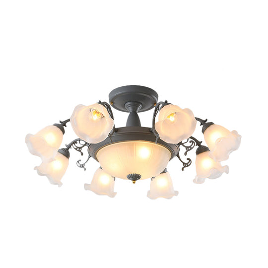 Semi Flush Chandelier - Korean Garden Parlor Ceiling Light with Rotating Bell Frosted Glass Shade in Grey/Blue (8/11 Heads)