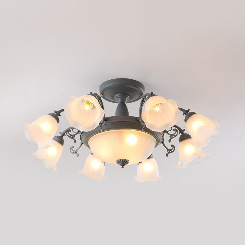 Semi Flush Chandelier - Korean Garden Parlor Ceiling Light with Rotating Bell Frosted Glass Shade in Grey/Blue (8/11 Heads)