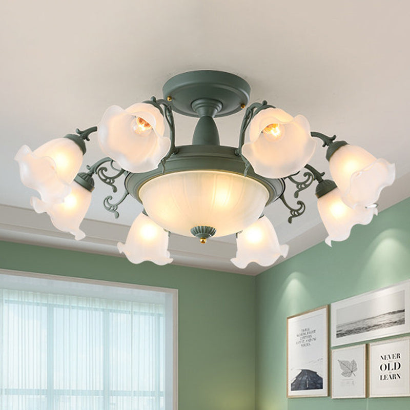 Rotating Bell Frosted Glass Chandelier - 8/11-Head Semi Flush Korean Garden Parlor Ceiling Light