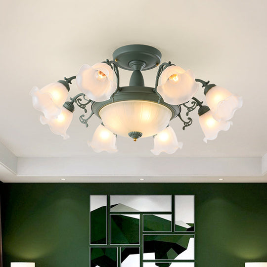 Rotating Bell Frosted Glass Chandelier - 8/11-Head Semi Flush Korean Garden Parlor Ceiling Light