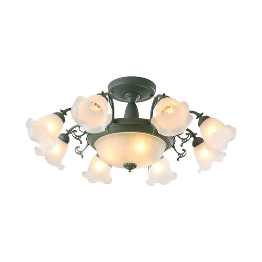 Semi Flush Chandelier - Korean Garden Parlor Ceiling Light with Rotating Bell Frosted Glass Shade in Grey/Blue (8/11 Heads)