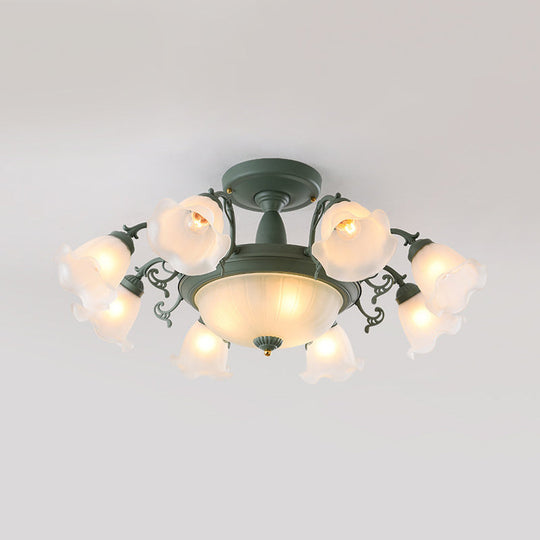 Semi Flush Chandelier - Korean Garden Parlor Ceiling Light with Rotating Bell Frosted Glass Shade in Grey/Blue (8/11 Heads)