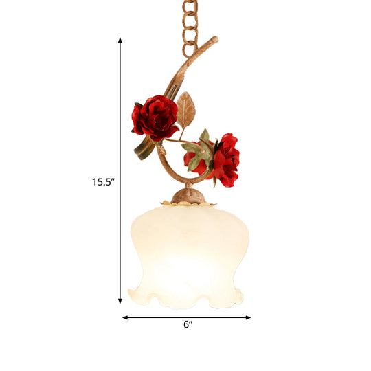 1 Bulb Down Pendant Lamp In Red With Frosted Glass & American Flower Lettuce-Edge Design