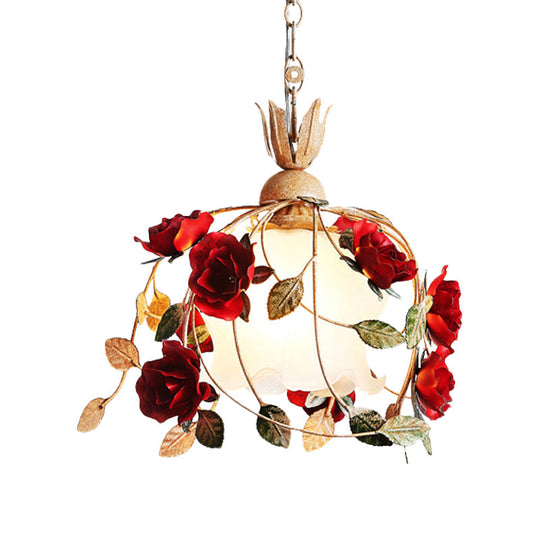 Frosted White Glass Drop Pendant Hanging Light Kit - Countryside Red Flowering Dining Table Accent