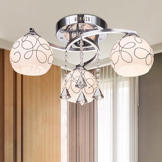 Modern Opal Glass Semi Flush Ceiling Light with Crystal Drop - 3/5 Lights, Chrome Finish